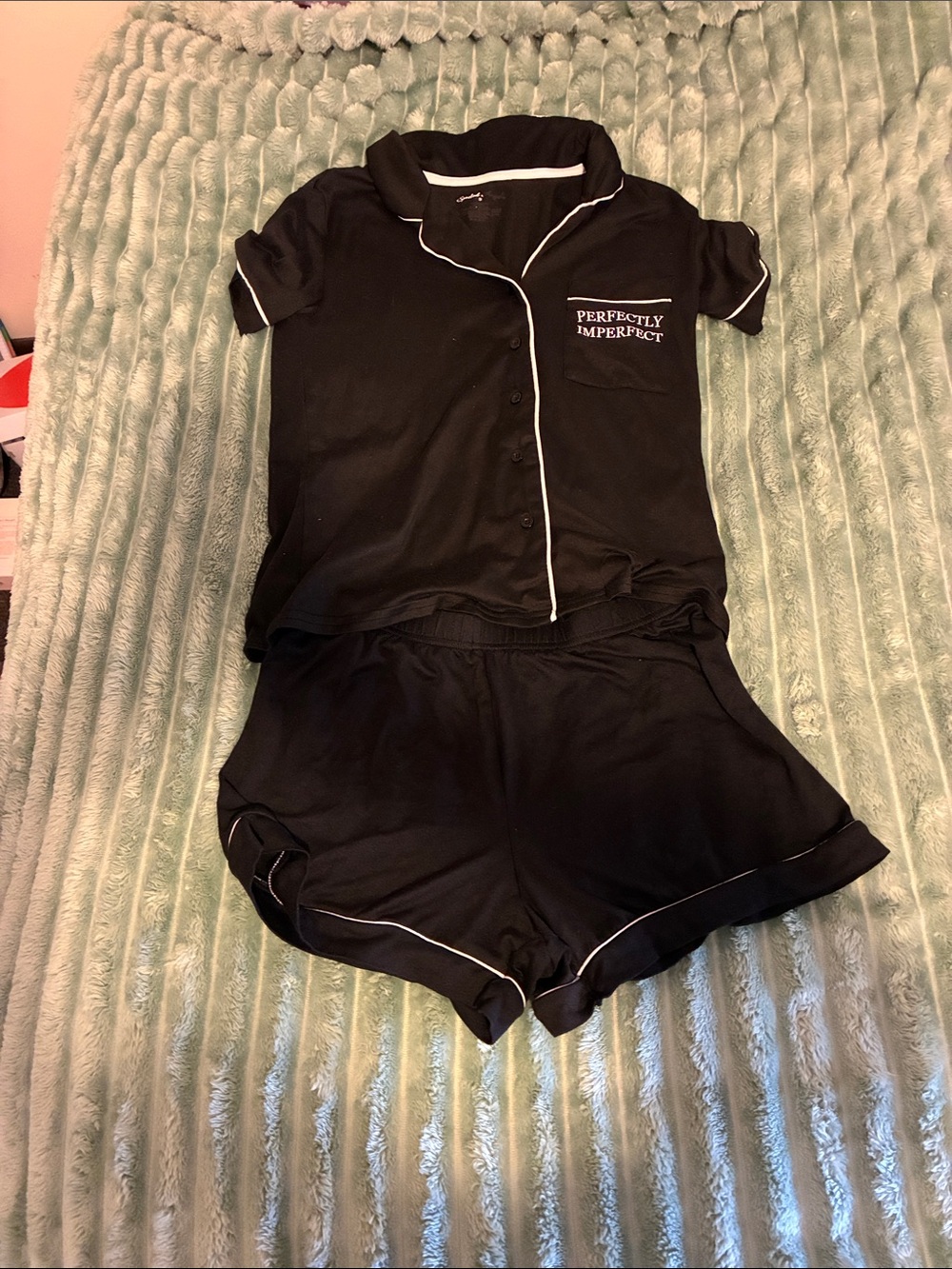 Black Pajama Set with White Piping - "Perfectly Imperfect"